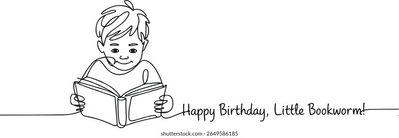 Continuous single line drawing of a little boy reading a book in minimal sketch style, isolated on white educational background


