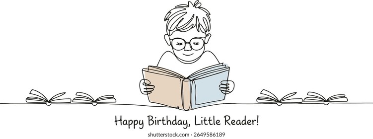Continuous single line drawing of a little boy reading a book in minimal sketch style, isolated on white educational background

