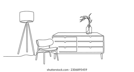 Dibujo continuo de una sola línea de la sala de estar con mobiliario de trazo editable. Interior de una línea con sillón, lámpara de pie, planta, cómoda de estilo lineal. Silla de contorno de empalme. Vector
