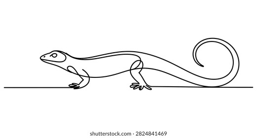 Continuous single line drawing of a lizard reptile walking isolated on black and white