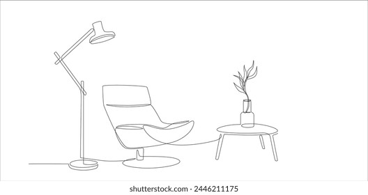 Dibujo continuo de una sola línea de sillón, lámpara, planta en jarrón en la mesa. Una línea de salón interior con Elementos de muebles modernos. Dibujo a mano del contorno de los muebles interiores. Doodle Vector