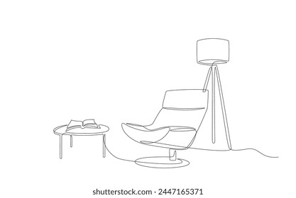 Continuous single line drawing of lounge armchair, floor lamp and book on table. One line of interior Living room with modern chair, open notebook. Handdraw contour of furniture elements Doodle vector