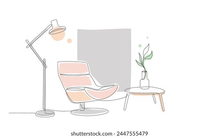 Continuous single line drawing of lounge armchair, lamp, plant in vase on table with color shapes. One line of interior Living room with modern furniture elements Hand draw contour of indoor furniture