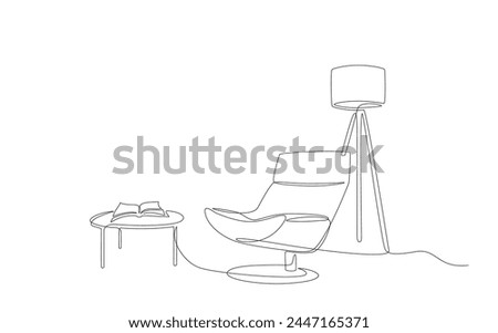 Continuous single line drawing of lounge armchair, floor lamp and book on table. One line of interior Living room with modern chair, open notebook. Handdraw contour of furniture elements Doodle vector