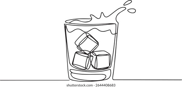 Desenho de linha única contínua de um copo de bola baixa com cubos de gelo e efeito de splash em estilo preto e branco minimalista

