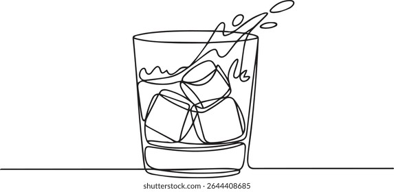 Desenho de linha única contínua de um copo de bola baixa com cubos de gelo e efeito de splash em estilo preto e branco minimalista

