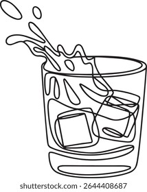 Desenho de linha única contínua de um copo de bola baixa com cubos de gelo e efeito de splash em estilo preto e branco minimalista

