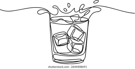 Desenho de linha única contínua de um copo de bola baixa com cubos de gelo e efeito de splash em estilo preto e branco minimalista

