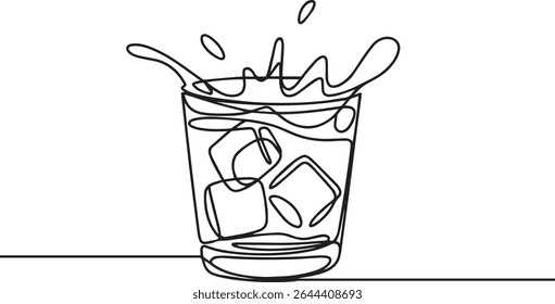 Desenho de linha única contínua de um copo de bola baixa com cubos de gelo e efeito de splash em estilo preto e branco minimalista

