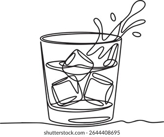 Desenho de linha única contínua de um copo de bola baixa com cubos de gelo e efeito de splash em estilo preto e branco minimalista

