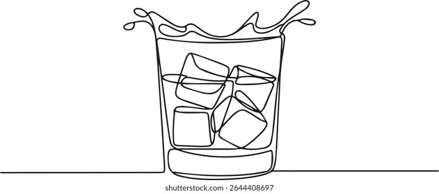 Desenho de linha única contínua de um copo de bola baixa com cubos de gelo e efeito de splash em estilo preto e branco minimalista

