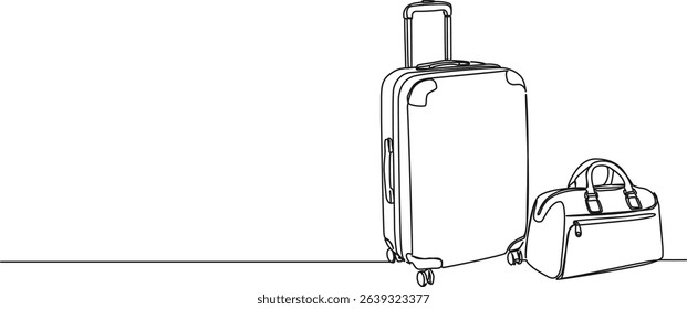 continuous single line drawing of luggage, suitcase and travel bag, line art vector illustration