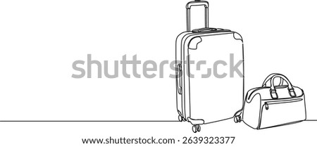 continuous single line drawing of luggage, suitcase and travel bag, line art vector illustration