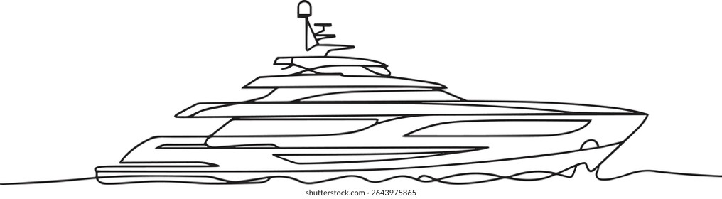 continuous single line drawing of a luxury yacht with modern decks and sleek profile design
