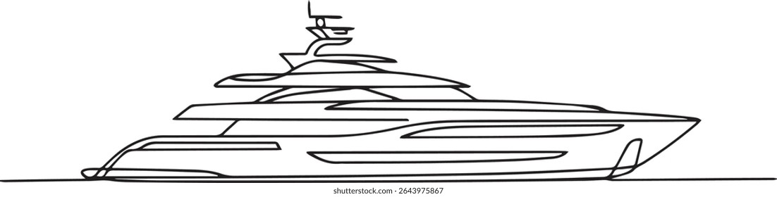continuous single line drawing of a luxury yacht with modern decks and sleek profile design