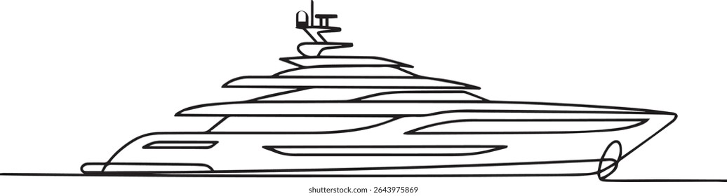 continuous single line drawing of a luxury yacht with modern decks and sleek profile design