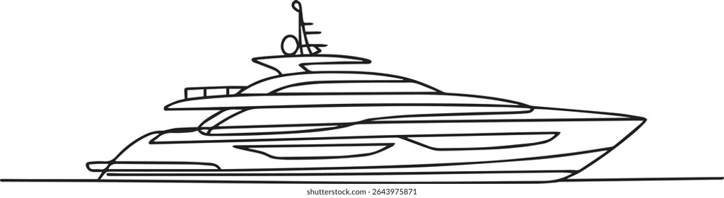 continuous single line drawing of a luxury yacht with modern decks and sleek profile design