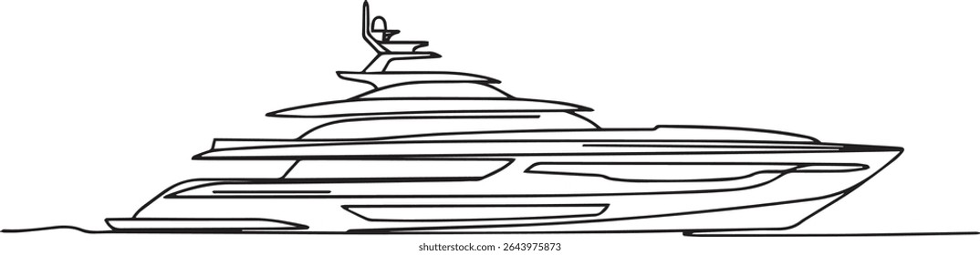 continuous single line drawing of a luxury yacht with modern decks and sleek profile design
