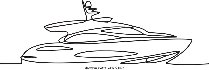 continuous single line drawing of a luxury yacht with modern decks and sleek profile design