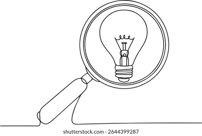 Desenho de linha única contínua de uma lupa com foco em uma lâmpada que simboliza o conceito de descoberta e ideia

