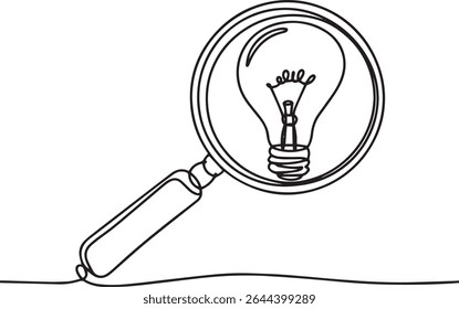 Continuous single line drawing of a magnifying glass focusing on a light bulb symbolizing discovery and idea concept

