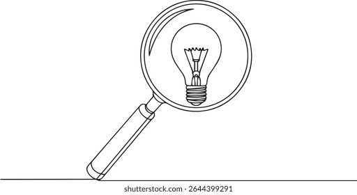 Continuous single line drawing of a magnifying glass focusing on a light bulb symbolizing discovery and idea concept

