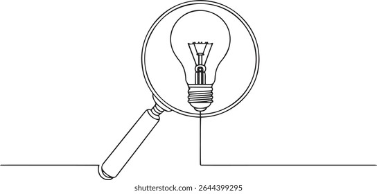 Continuous single line drawing of a magnifying glass focusing on a light bulb symbolizing discovery and idea concept

