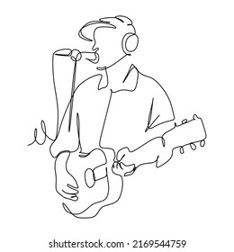 Dibujo continuo en una sola línea de un cantante masculino cantando una canción y tocando música. Ilustración vectorial del concepto de actuación de músicos 