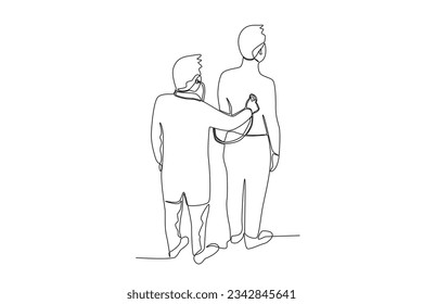 Continuous single line drawing of a male doctor examines a patient from the patient's back while standing up
