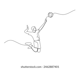 Continuous single line drawing of male volleyball athlete jumps high to smash the ball. sport training concept. volleyball competition design vector illustration