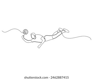 Continuous single line drawing of male volleyball athlete fell down with his right hand raised to hold the ball. sport training concept. volleyball competition. Design vector illustration