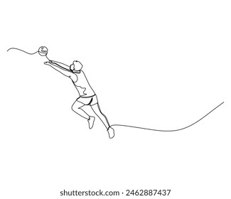 Continuous single line drawing of male volleyball athlete jumps forward to block the opponent's attack ball. sport training concept. volleyball competition. Design vector illustration