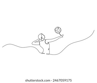 Continuous single line drawing of male volleyball player performs a jumping serve at the end of the court. volleyball tournament event . Design illustration