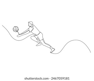 El dibujo continuo de una sola línea de un atleta masculino de voleibol salta a un lado mientras bloquea la bola de ataque del oponente. Ilustración de diseño