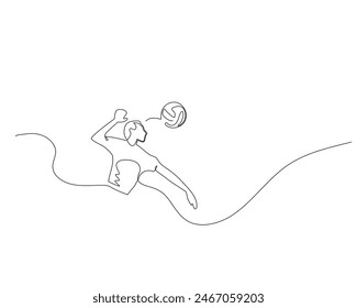 El dibujo continuo de una sola línea de un jugador de voleibol masculino golpea fuerte el voleibol. Ilustración de diseño