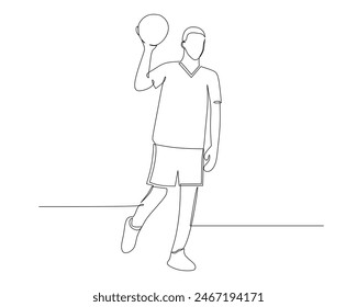 Dibujo continuo de una sola línea de un jugador de baloncesto masculino sostiene una pelota que pasa con su mano derecha. Ilustración de diseño