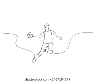 Dibujo continuo de una sola línea de un jugador de baloncesto macho pasando la pelota mientras salta alto. Ilustración de diseño