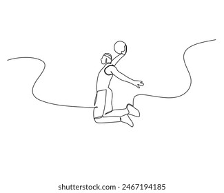 Dibujo continuo de una sola línea de un jugador de baloncesto masculino salta alto para anotar. Ilustración de diseño
