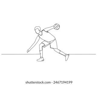 Dibujo continuo de una sola línea de un jugador masculino de baloncesto regateando la pelota en cuclillas. Ilustración de diseño