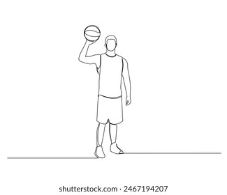 Continuous single line drawing of male basketball player standing lifting the ball with his right hand. basketball tournament event . Design illustration