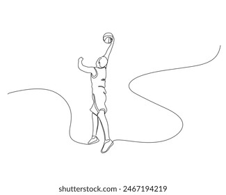 Continuous single line drawing of male basketball player jumps high to block opponent's passing ball. basketball tournament event . Design illustration