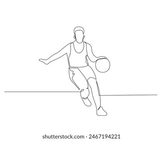 Dibujo continuo de una sola línea de un jugador de baloncesto macho regateando la pelota mientras corre rápido hacia el anillo de baloncesto. Ilustración de diseño