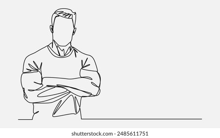 Continuous single line drawing of male with big muscle, bodybuilder with crossed arms. Editable stroke. Vector illustration.