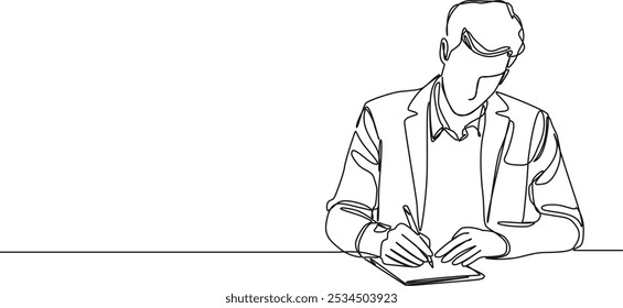 continuous single line drawing of male business person taking notes on paper, line art vector illustration
