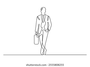 Continuous single line drawing of male manager walking on town street go to office and holding suitcase vector illustration