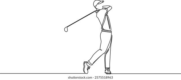 continuous single line drawing of male golfer swinging golf club, line art vector illustration