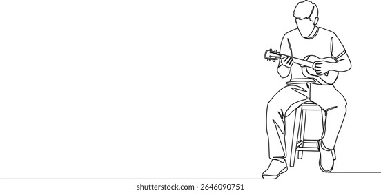 continuous single line drawing of male musician playing ukulele, line art vector illustration