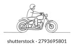 Continuous single line drawing of a man riding a motorcycle wearing a helmet Vector, illustration