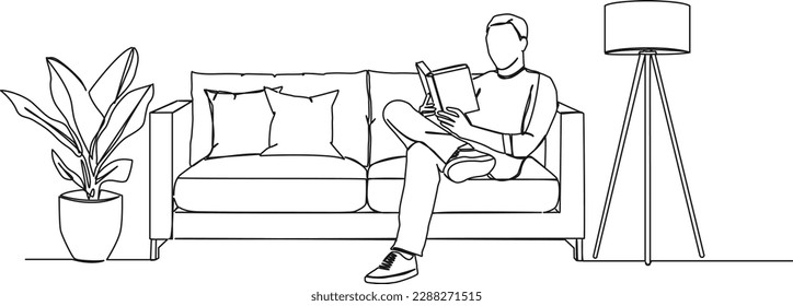 continuous single line drawing of man sitting on sofa reading a book, line art vector illustration