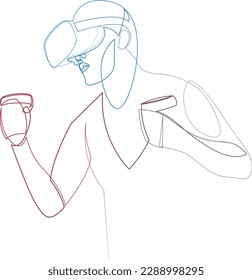Continuous single line drawing of man in virtual reality headset and motion controller. One line art of figure wearing VR helmet playing virtual game. Gradient color line. Vector illustration.